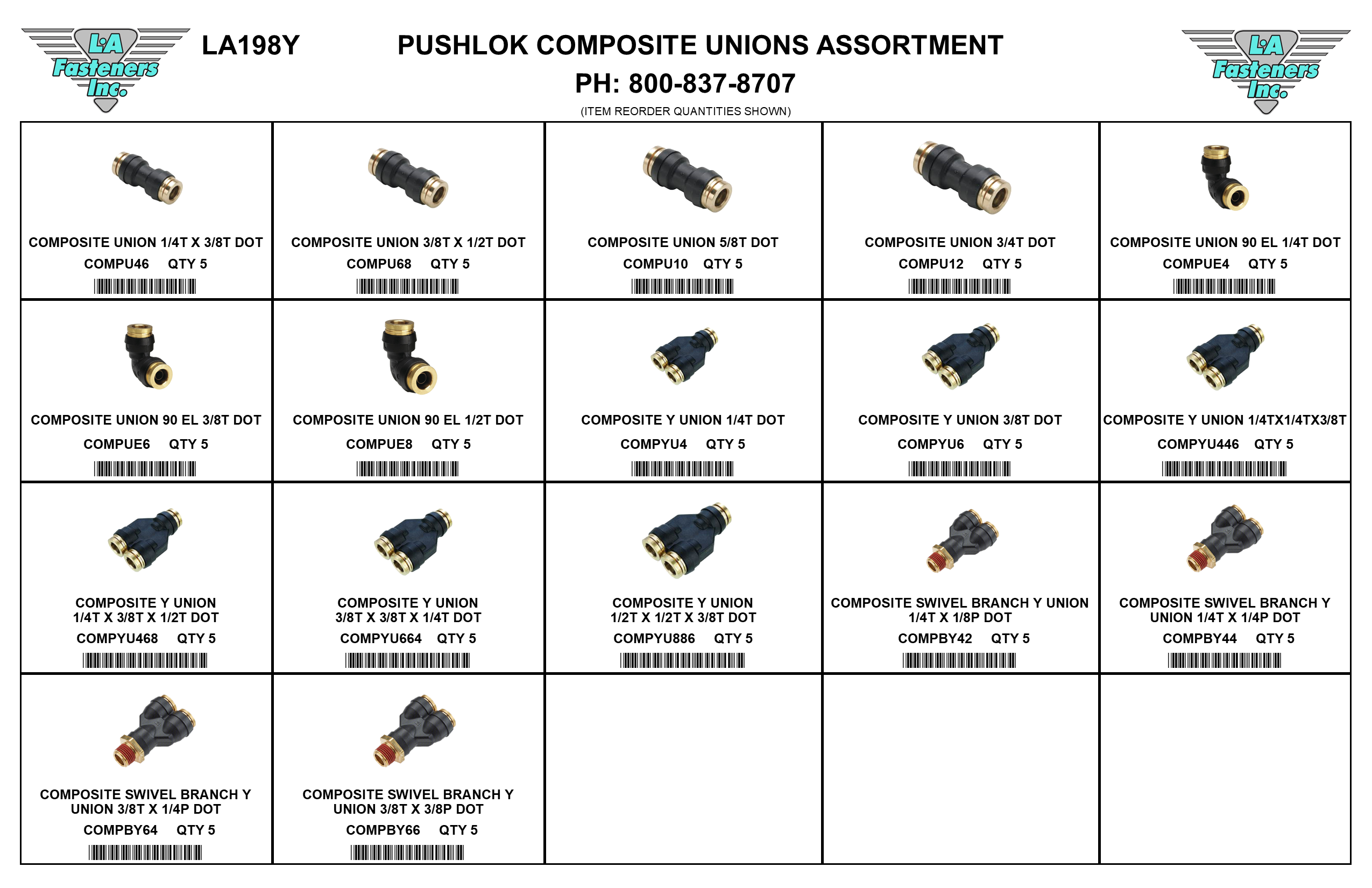 LA198Y ASSORTMENTS-PUSHLOK COMPOSITE UNIONS / Y UNIONS / BRANCH Y UNIONS